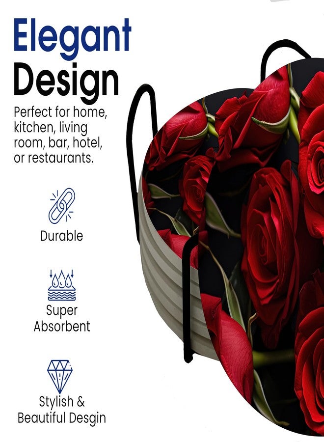 DAJDC Red Roses Rose Round Coasters Set of 6 - Abosrbent Ceramic Coasters with Metal Stand for Drinks, Coffee, Non-Slip Cork Back for Tabletop Protection, 4 Inches (Red 4) - Image 5